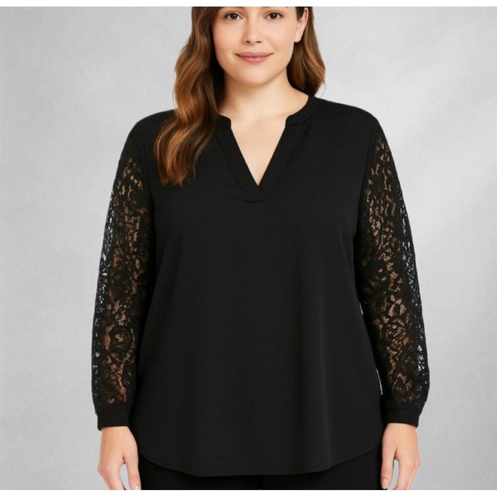 Tahari Women’s 1X Black Blouse Tunic Top Lace Long Sleeve V-Neck MR